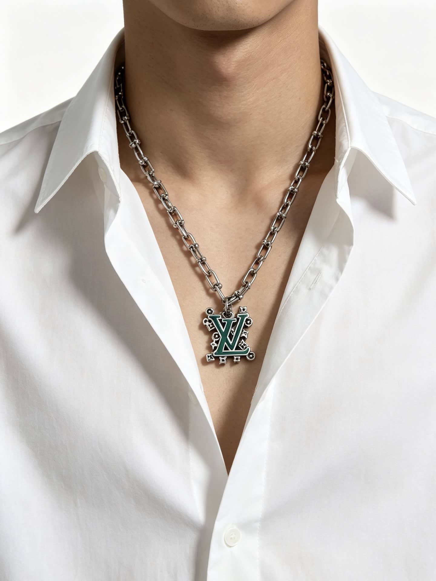 Louis Vuitton Silver Tone Chain Necklace with LV Pendant